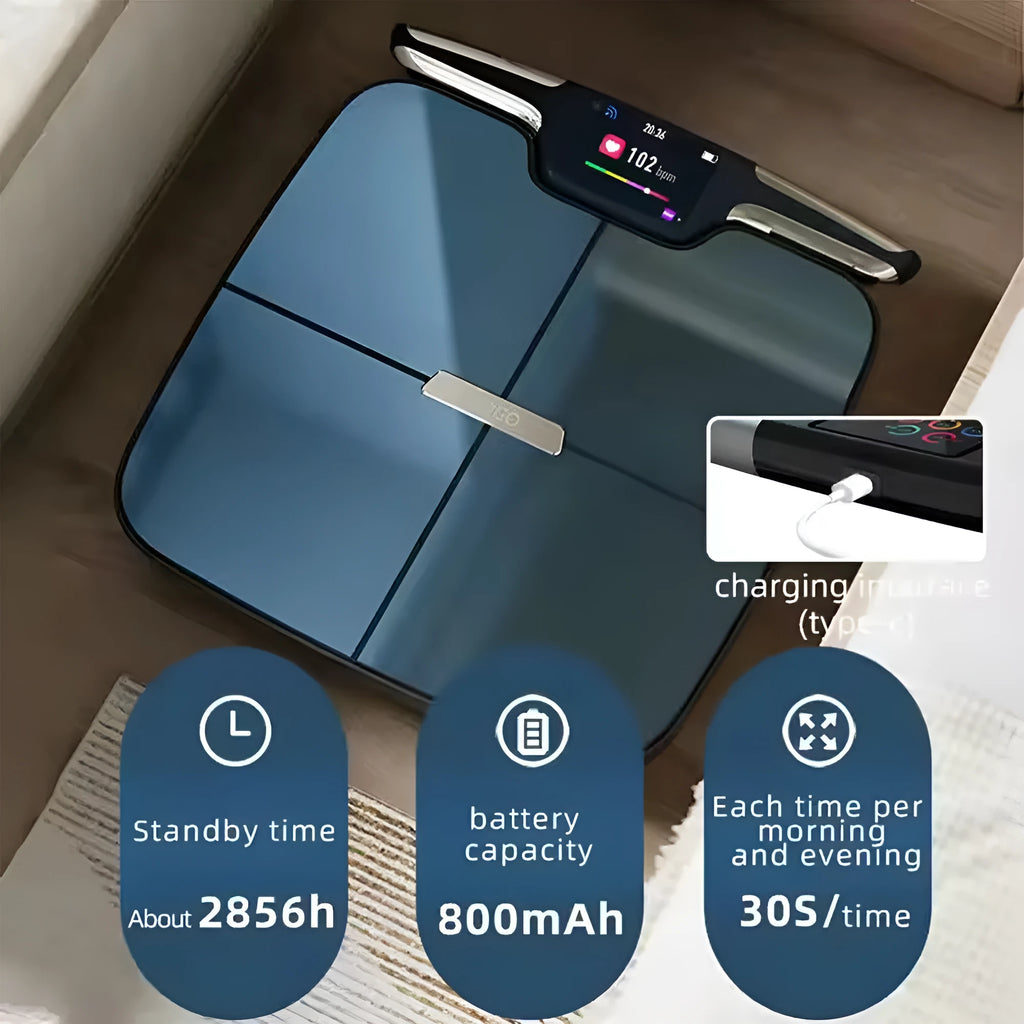 Black eight-electrode body fat scale on a bathroom floor showing digital display.