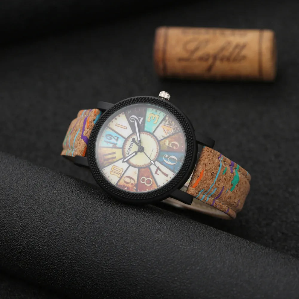 Women's vintage leather quartz watch with 37mm round dial and stainless steel buckle