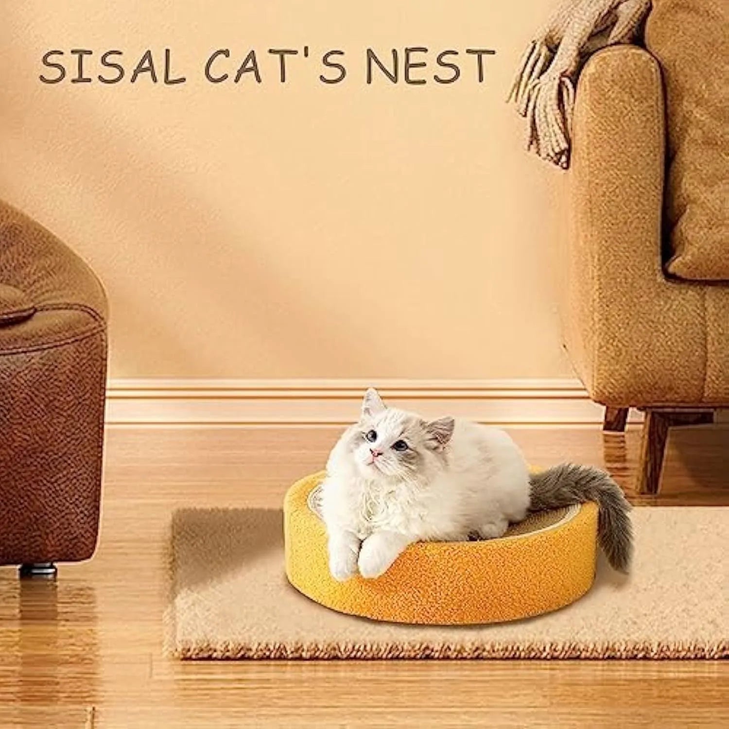 Round yellow fruit-shaped sisal cat scratching board with bed