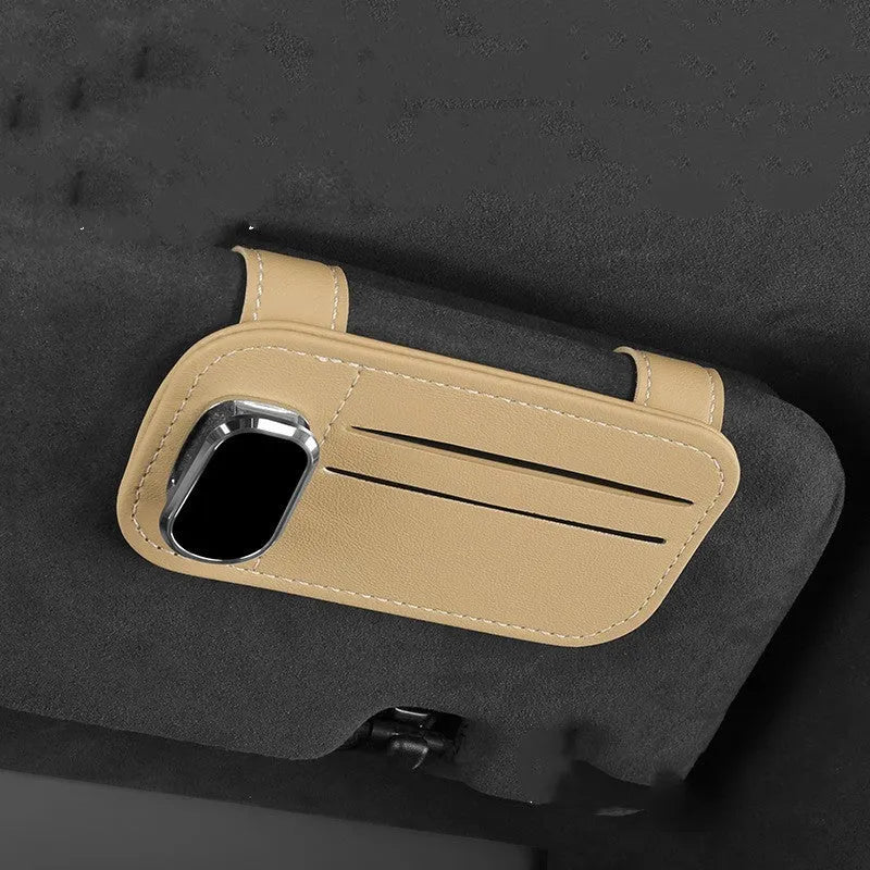 Cowhide leather car sun visor holder with card slots and integrated sunglasses clip.