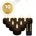 Black S10 LED tealight candles showing realistic flickering warm white glow for decorative lighting