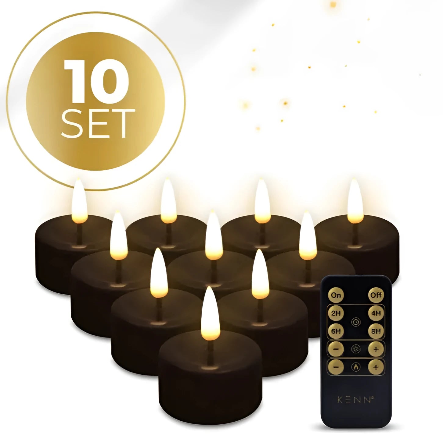Black S10 LED tealight candles showing realistic flickering warm white glow for decorative lighting