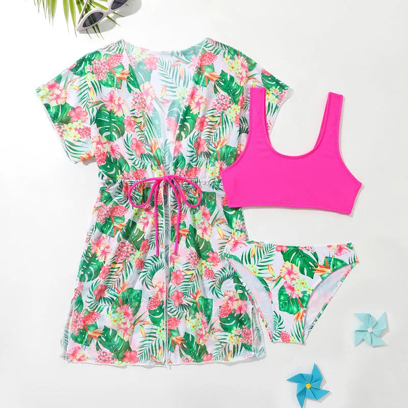 Girls floral two-piece swimsuit briefs in a Korean style, sizes 130cm to 160cm.