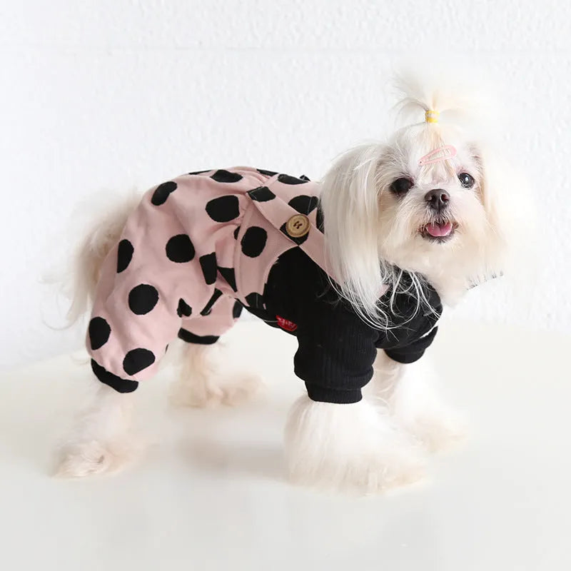 Pet clothing with lapel shoulder straps in couple design, available in four-legged and skirt styles