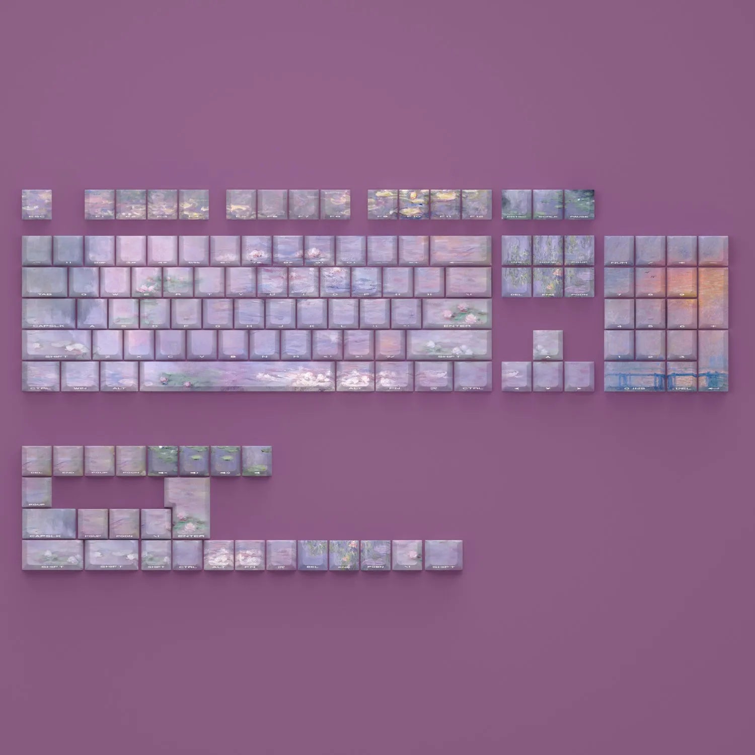 Wenshao Sleeping Lotus PBT key cap set with side-carved translucent characters for mechanical keyboards