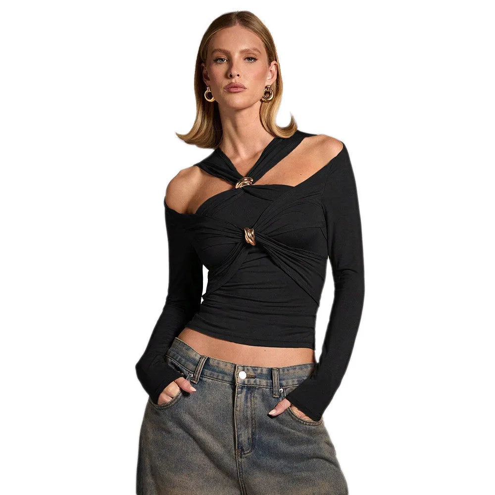 Black women's halter top with shoulder-baring design and regular long sleeves