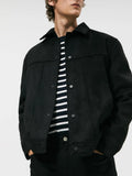 Black men's hooded jacket with a suede collar and side pockets, shown on a hanger.