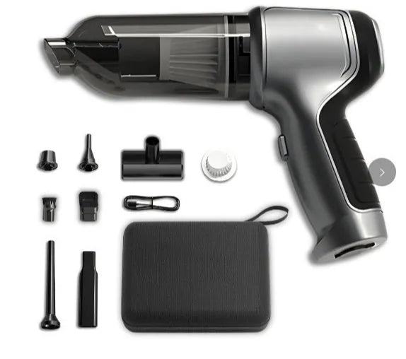 A handheld cordless vacuum cleaner with a car mount, shown on a car seat.