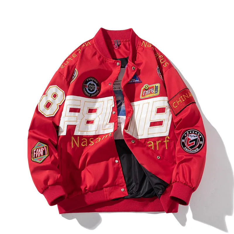 Black motorcycle-style baseball jacket with side pockets and a detachable hood on a hanger.