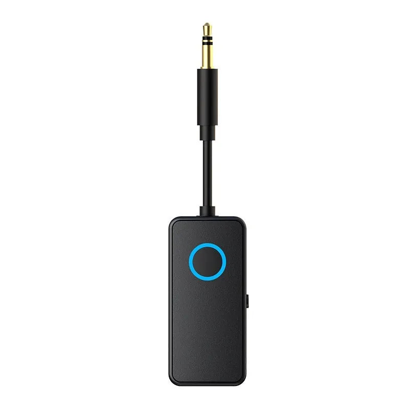 Black Bluetooth 5.4 audio adapter with 3.5mm plug for wireless streaming.