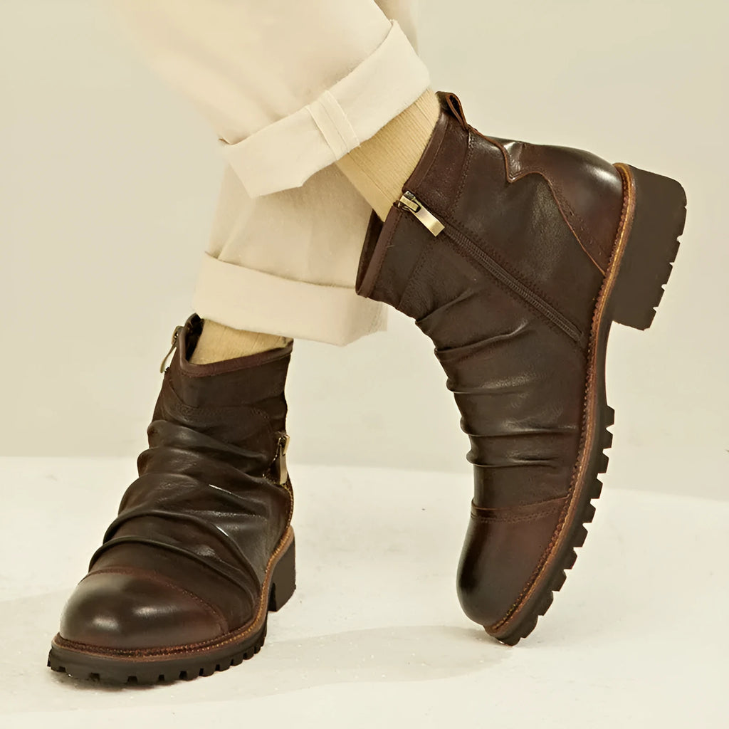 Men's black leather-look cowboy boots with side zipper and round toe