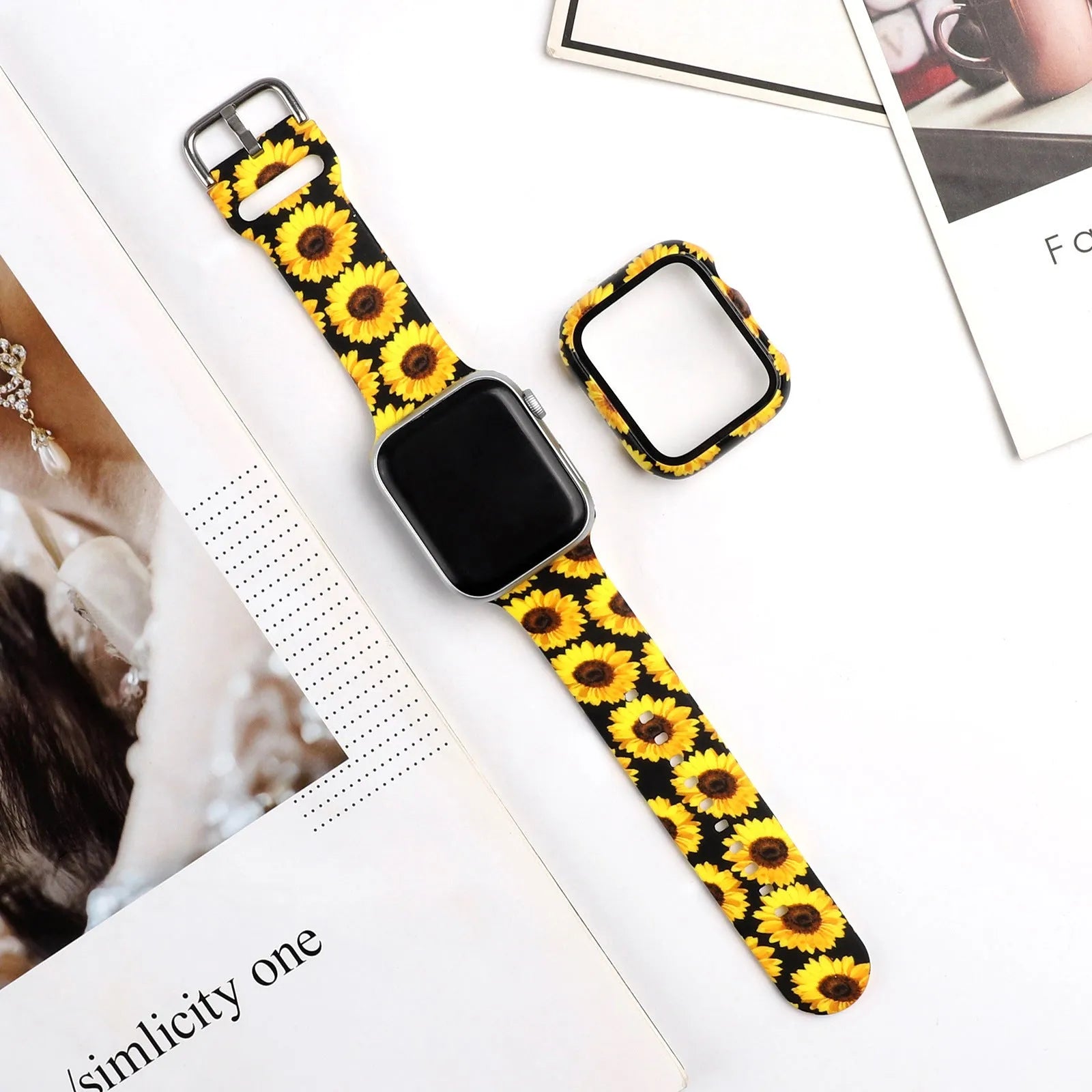 Printed fashion silicone replacement strap for Apple Watch showing multiple design options and 38mm 40mm 42mm 44mm size compatibility.
