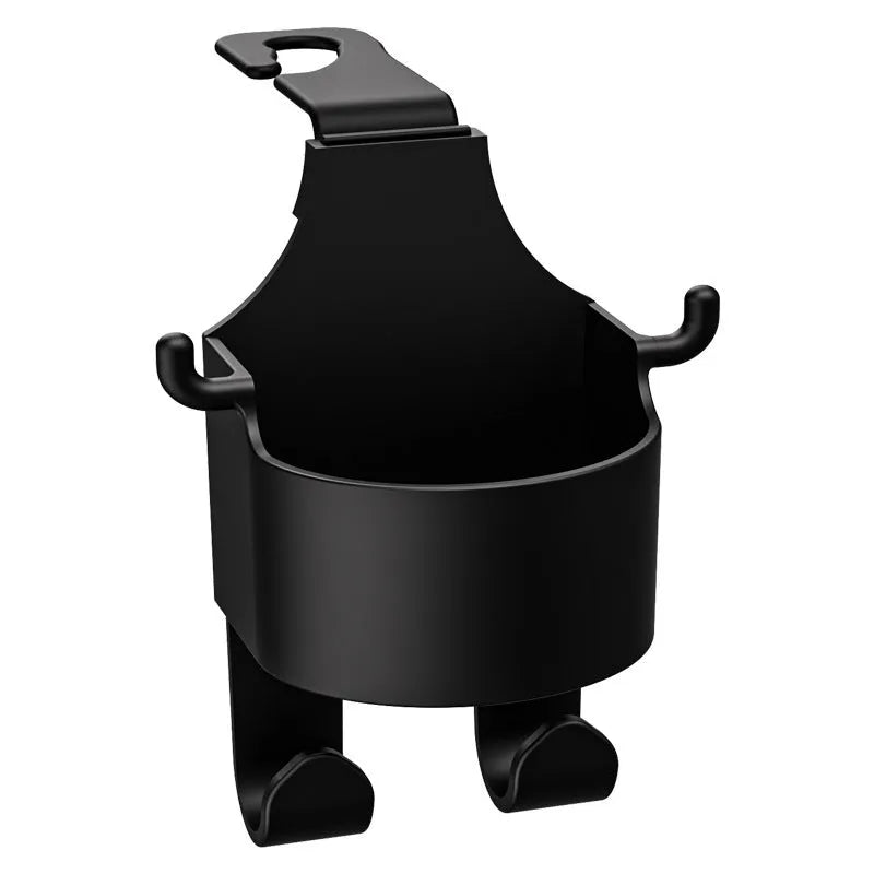 Black plastic car seat back organiser with cup holder and hook, mounted on a car headrest.
