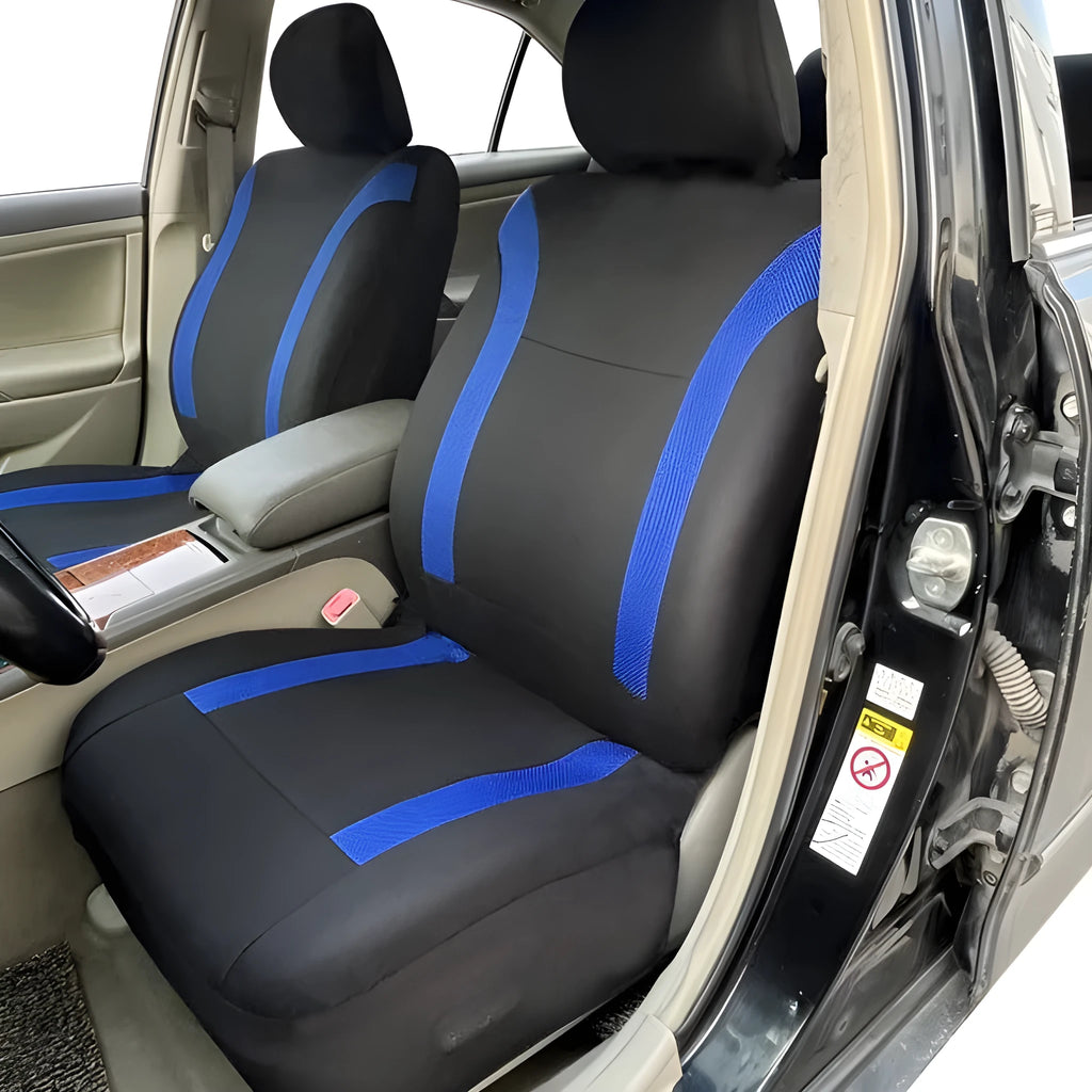 Polyester eyelet fabric universal car seat cover set in black, blue, grey, or red.