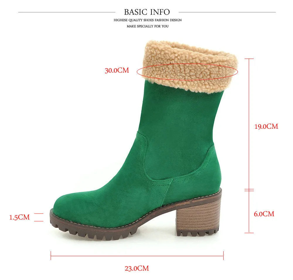 Snow boots in black, grey, green, or orange with a short plush lining and rubber insole