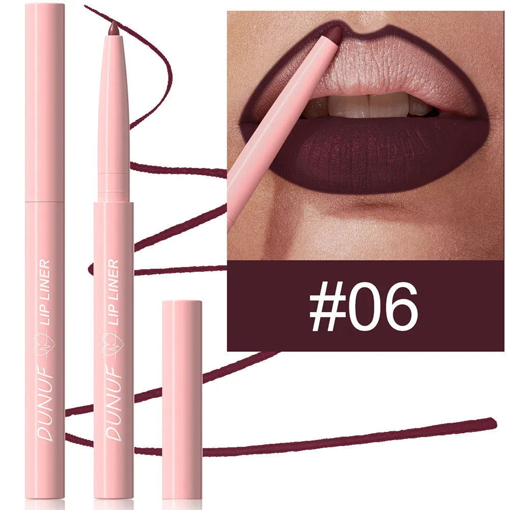 A Velvet Matte Lip Liner pencil shown alongside swatches of its twelve available colour shades.