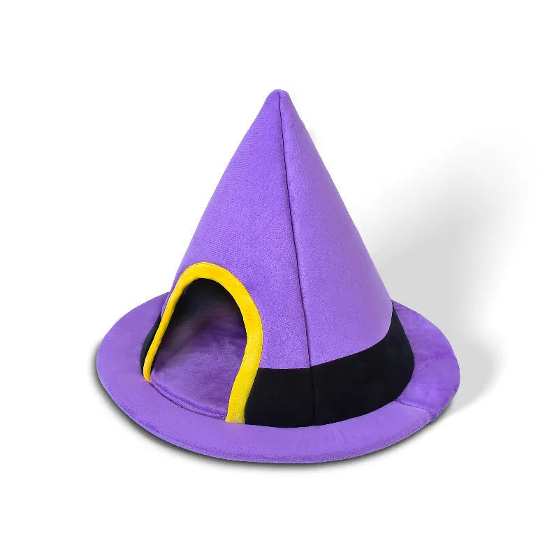 Purple witch hat shaped cat bed measuring 60 by 45 centimetres