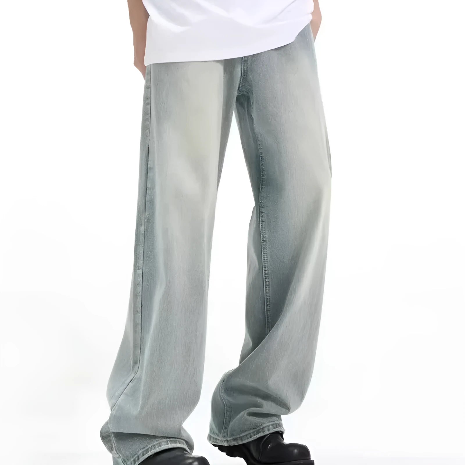 Blue loose-fit retro casual trousers made from rabbit fur fabric on a neutral background.