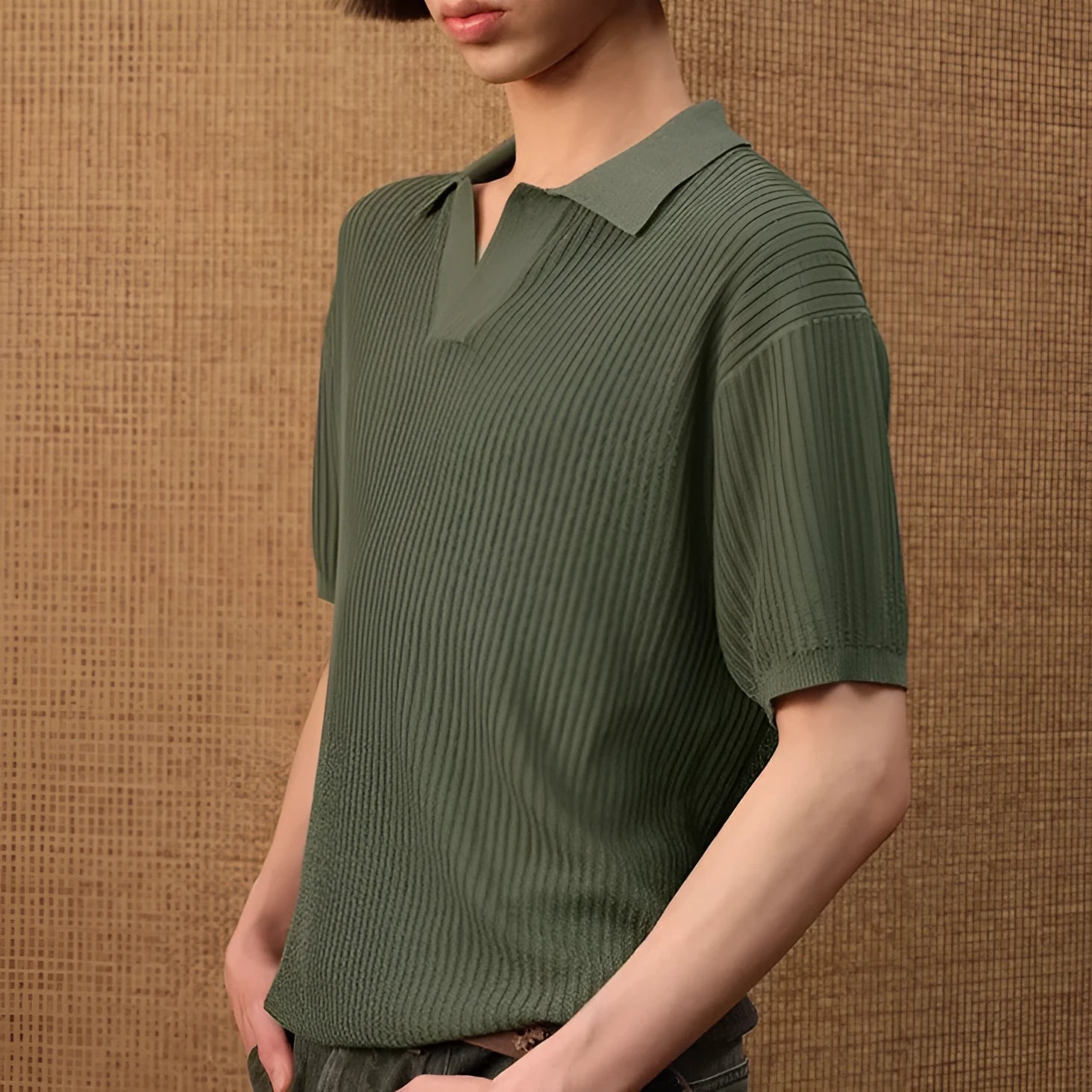 Men's striped collar polo shirt in ice silk fabric available in creamy white, black, and grey colours