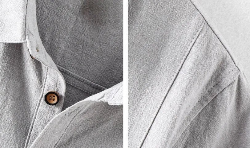 Men's loose fit short sleeve shirt in cotton linen blend solid colour