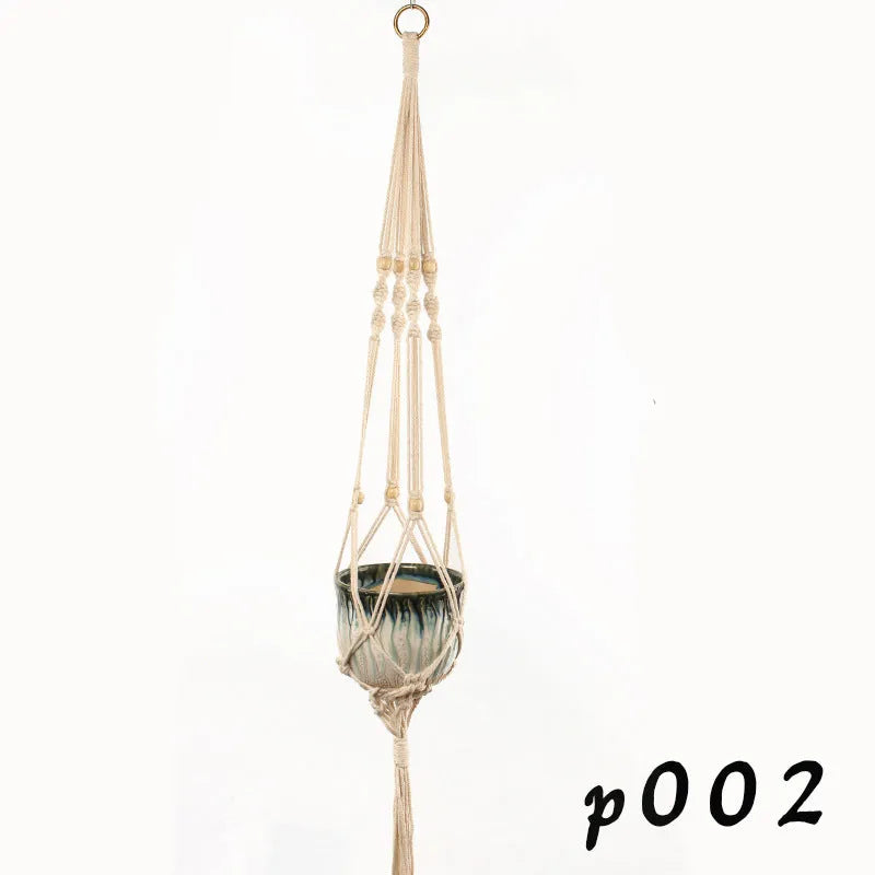 Cotton rope woven wire plant basket shown in desktop, wall hanging, and hanging basin styles.