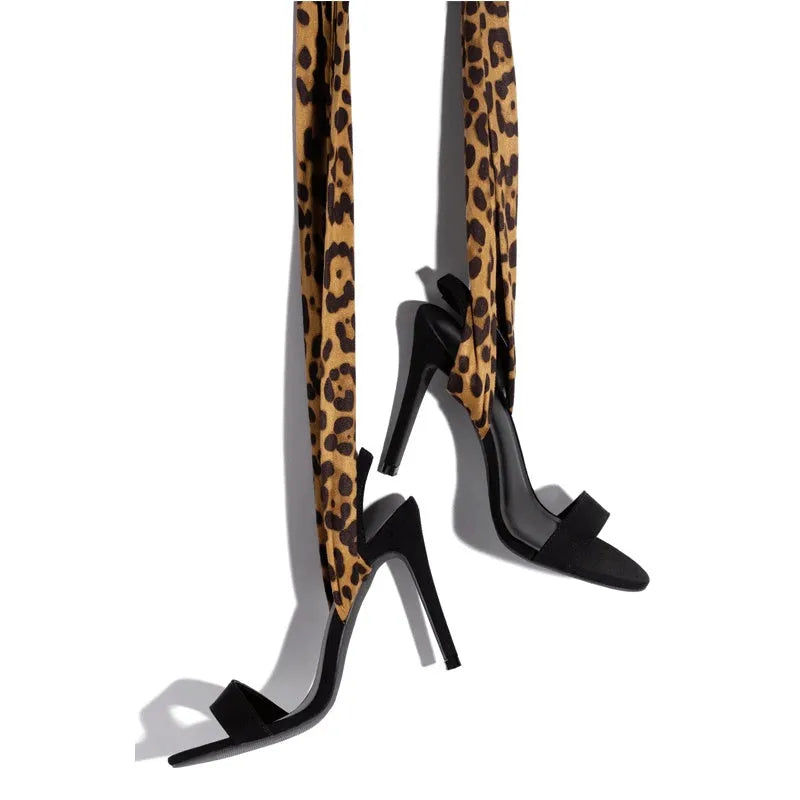 Light brown leopard print Roman-style women's high heels with cross straps and thin 8cm heel