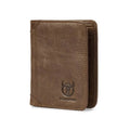 Men's brown leather bifold wallet open to show card slots, bill holder, and secret compartment.