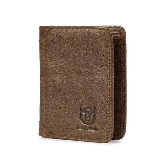 Men's brown leather bifold wallet open to show card slots, bill holder, and secret compartment.