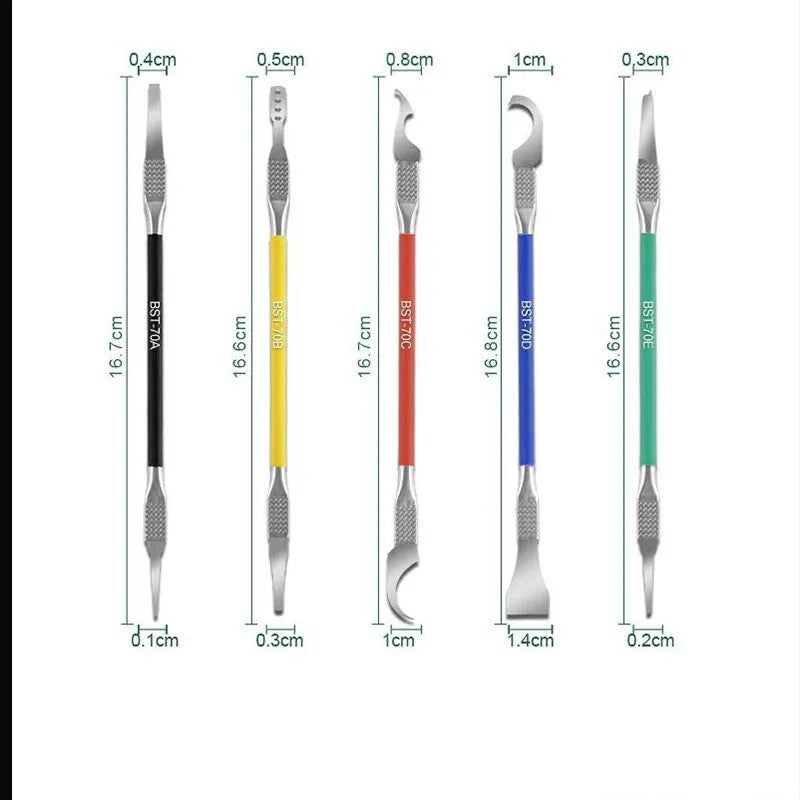 Five stainless steel disassembly crowbar tools with thin blades for plastic removal.