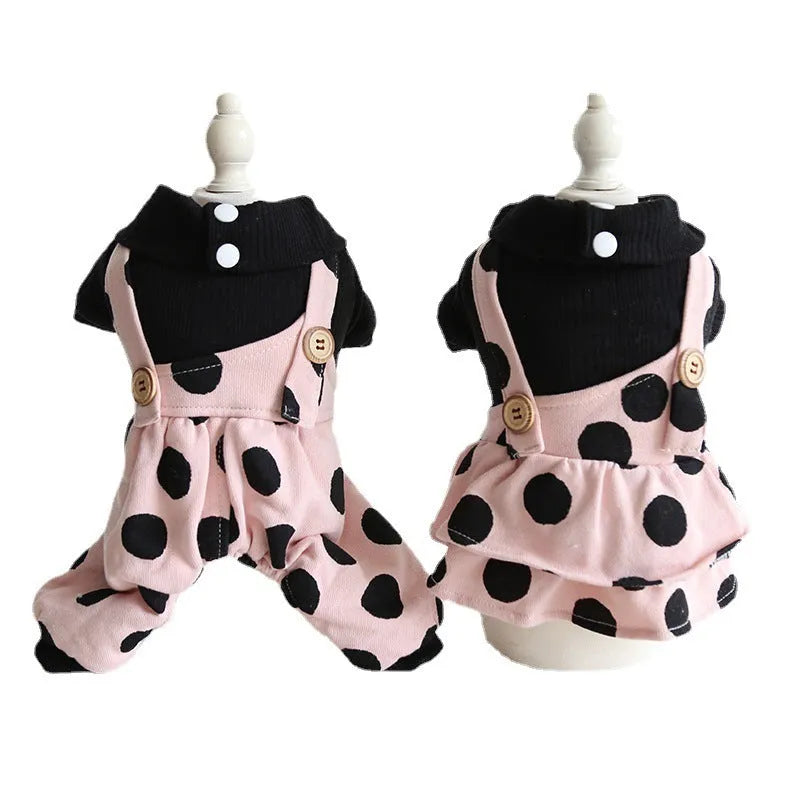 Pet clothing with lapel shoulder straps in couple design, available in four-legged and skirt styles