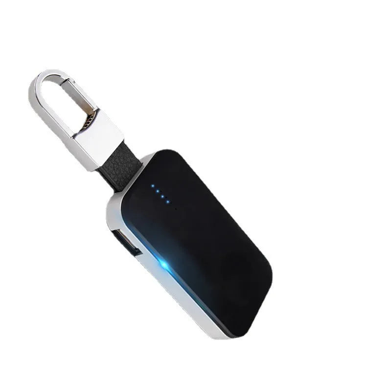 Black Apple Watch keychain power bank showing portable wireless charger dimensions