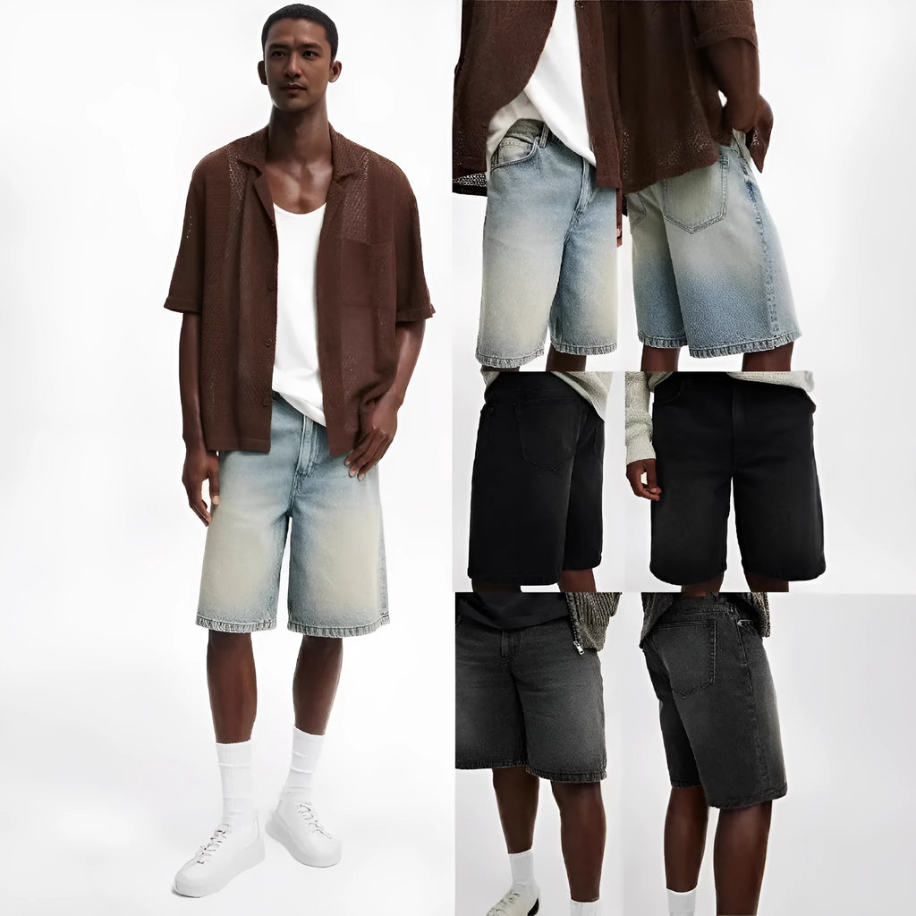 Men's loose fit straight leg denim jeans in light blue, black, and grey colour options