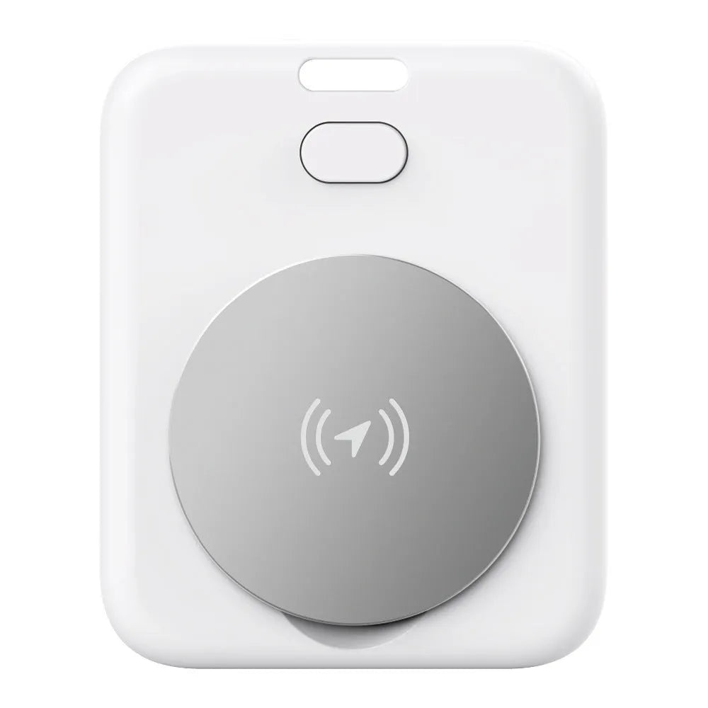 White ABS plastic pet tracking device showing portable attachment method