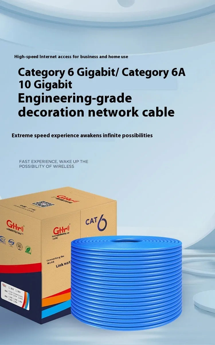 305 metre box of blue Cat6 oxygen-free copper network cable with gigabit and 10GB/S speed labelling
