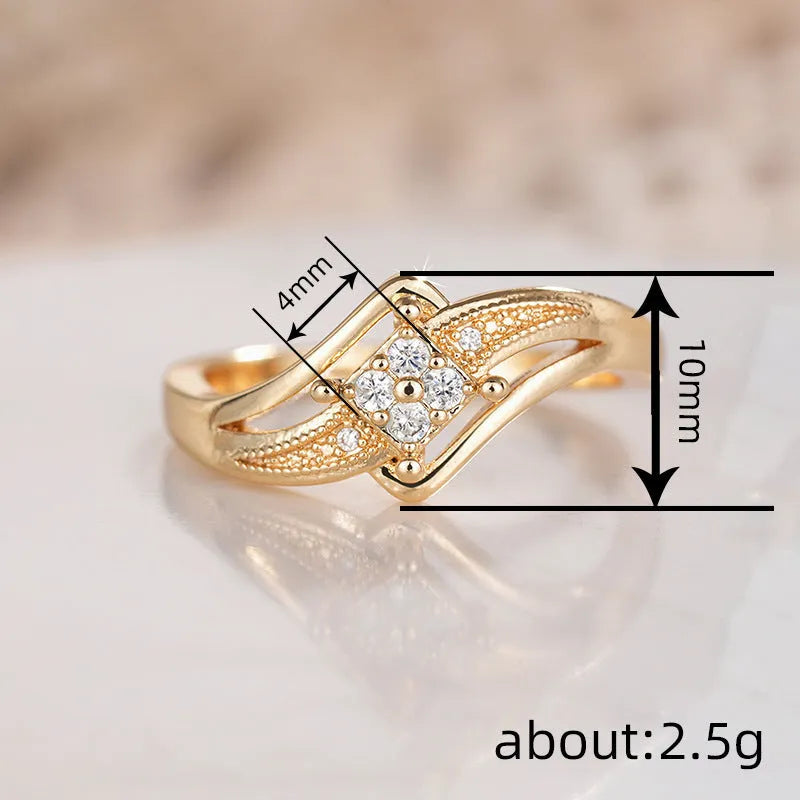 Copper diamond ring with geometric design and micro inlaid zircon in yellow gold colour