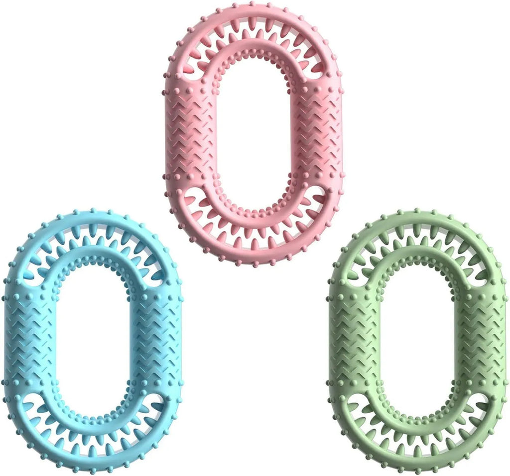 Blue durable rubber O-ring dog chew toy with dental cleaning ridges for aggressive chewers