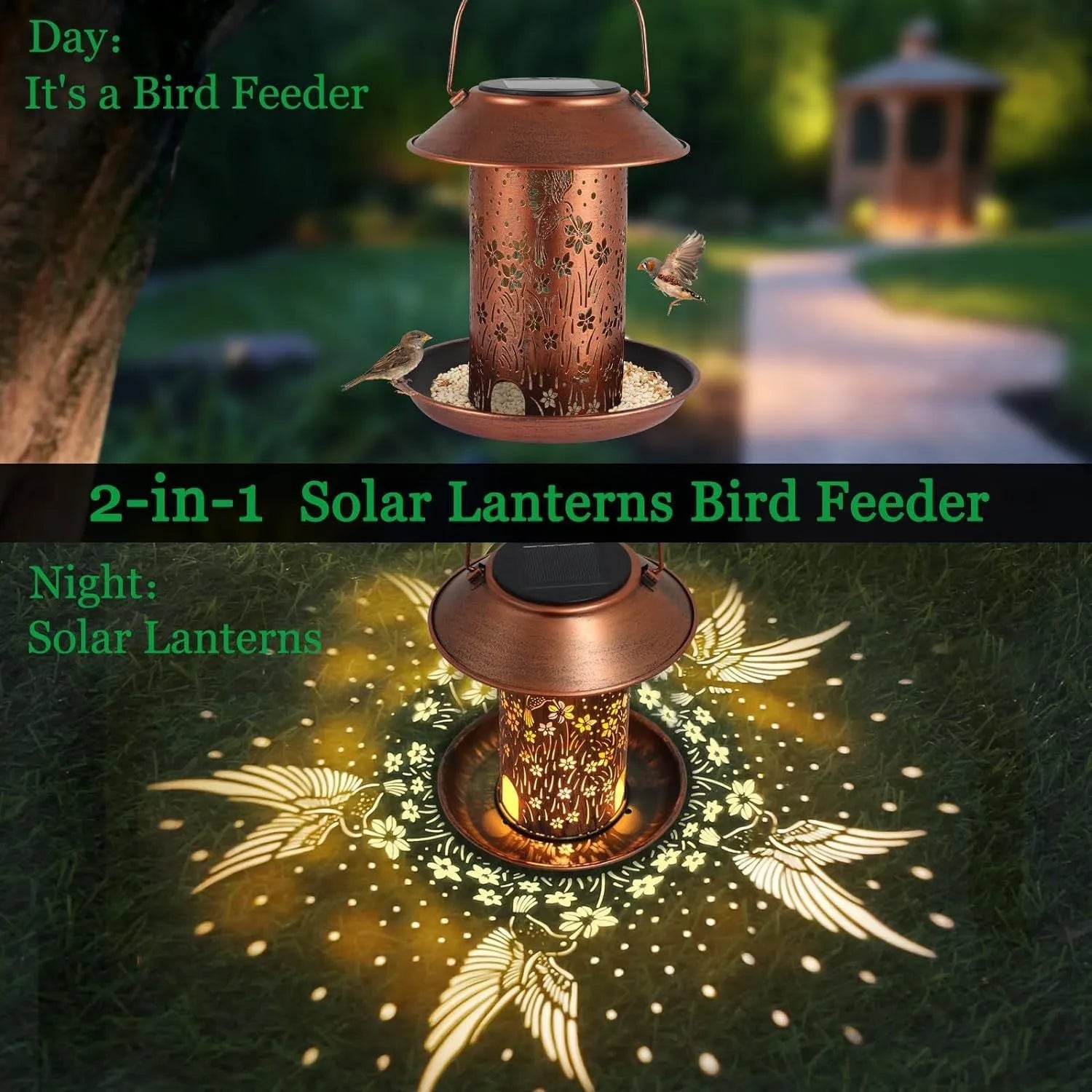 Solar-powered iron bird feeder with hummingbird pattern and LED lights for outdoor garden use
