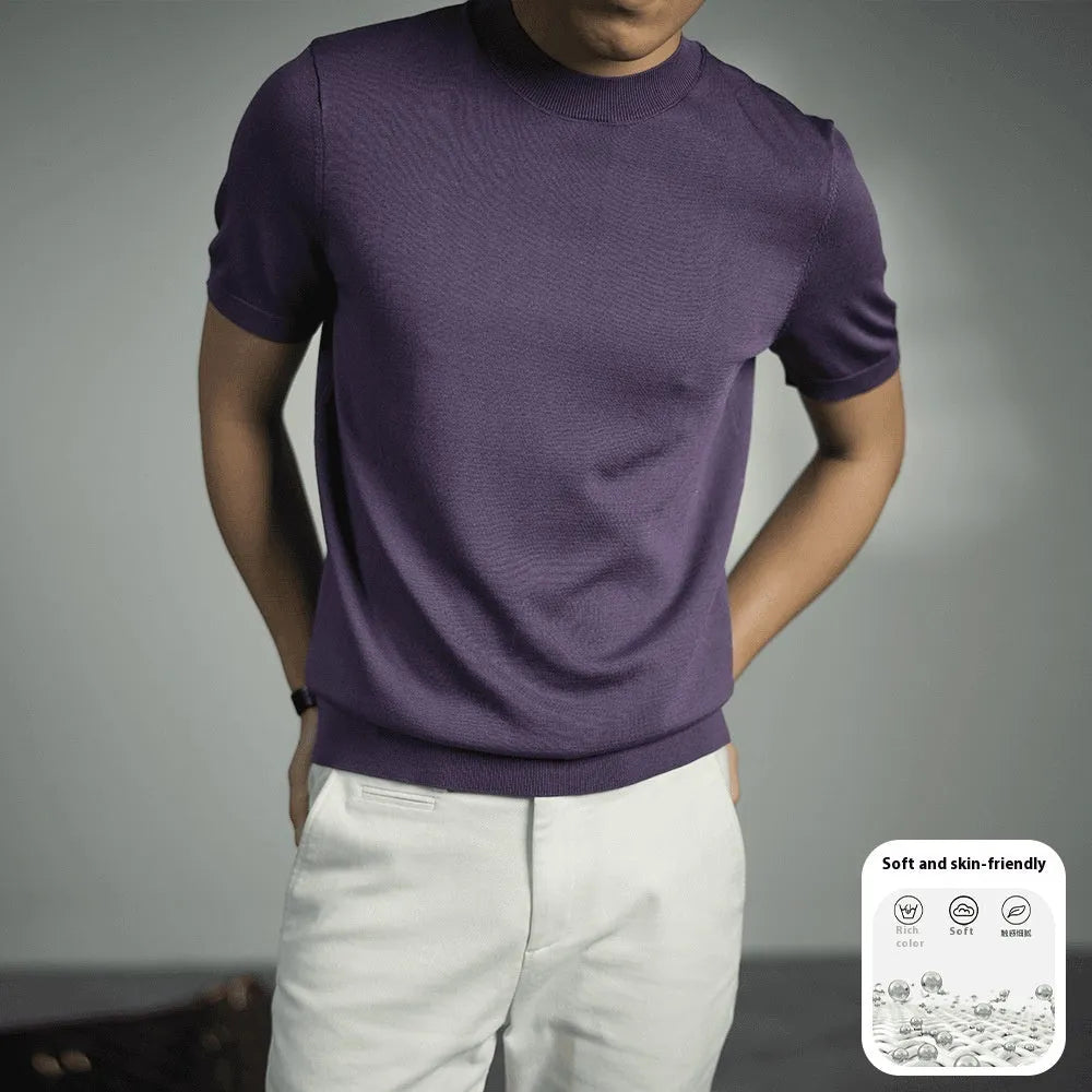 Men's knitted round neck short sleeve T-shirt in business casual style with non-ironing polyester blend fabric