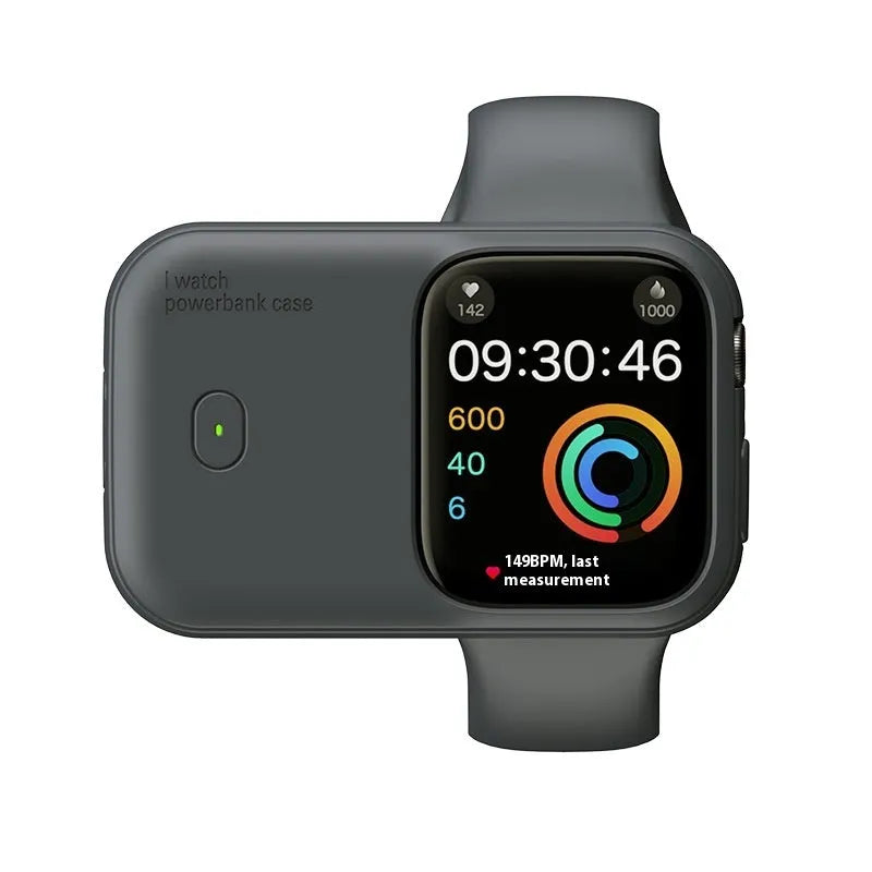 Apple Watch portable wireless charging power bank with silicone case in brown, midnight blue, or starlight colours
