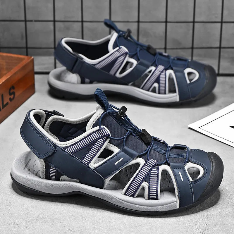 Men's blue casual sports shoe with Velcro straps and a breathable mesh upper on a rubber sole.