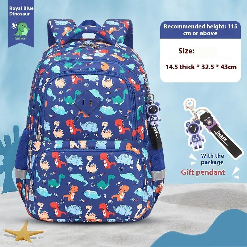 Blue children's waterproof school backpack with dinosaur print and curved shoulder straps