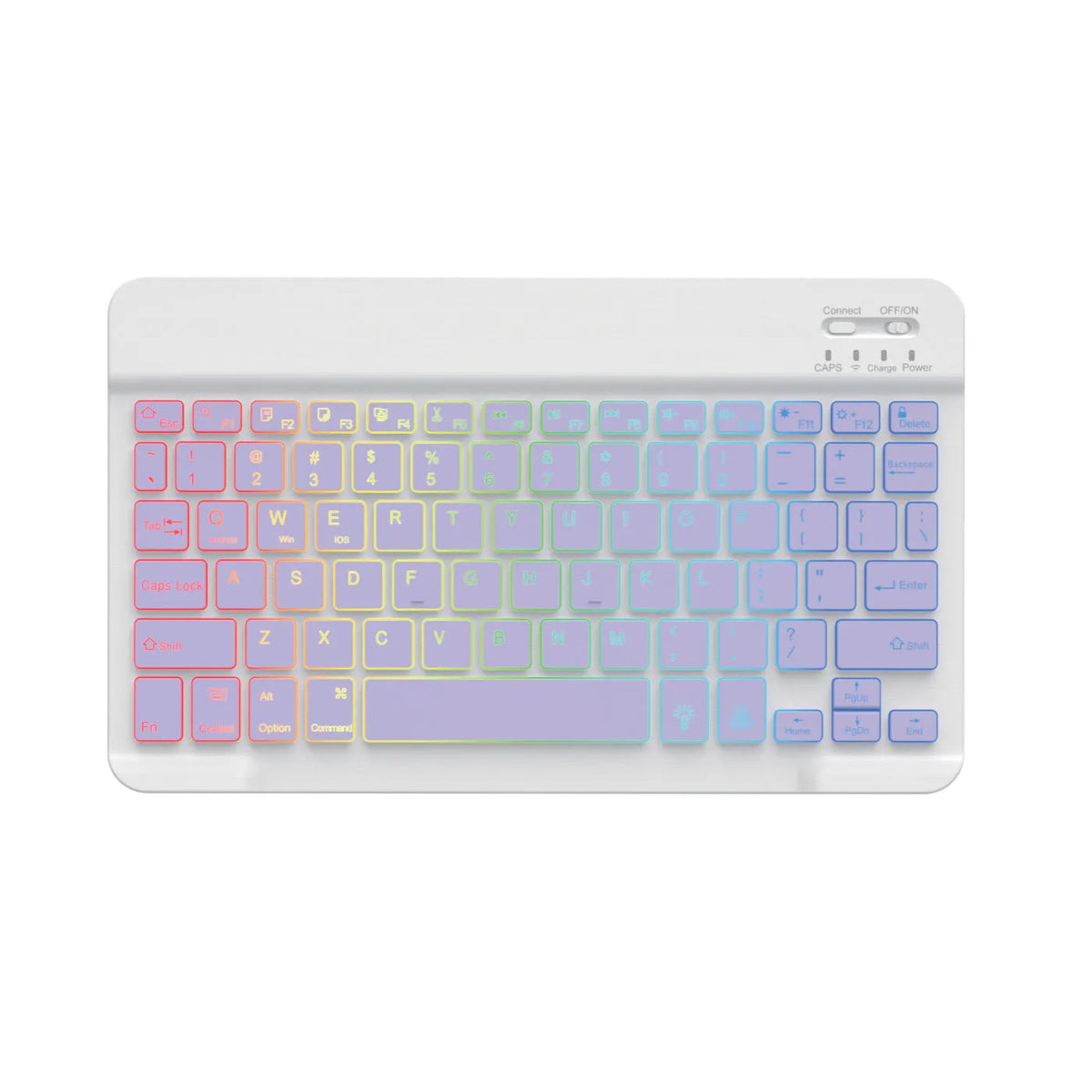 10-inch backlit Bluetooth wireless keyboard for tablets showing colourful LED lighting.