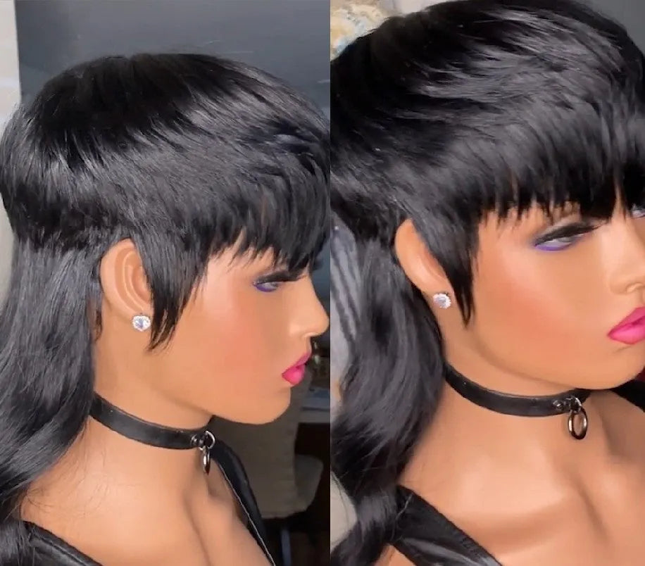 Black Brazilian wig with bangs featuring front short back long style