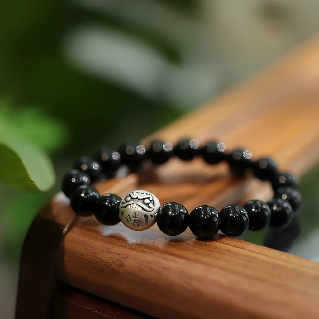 Natural 10MM black agate beaded bracelet with 999 sterling silver accents in Chinese style