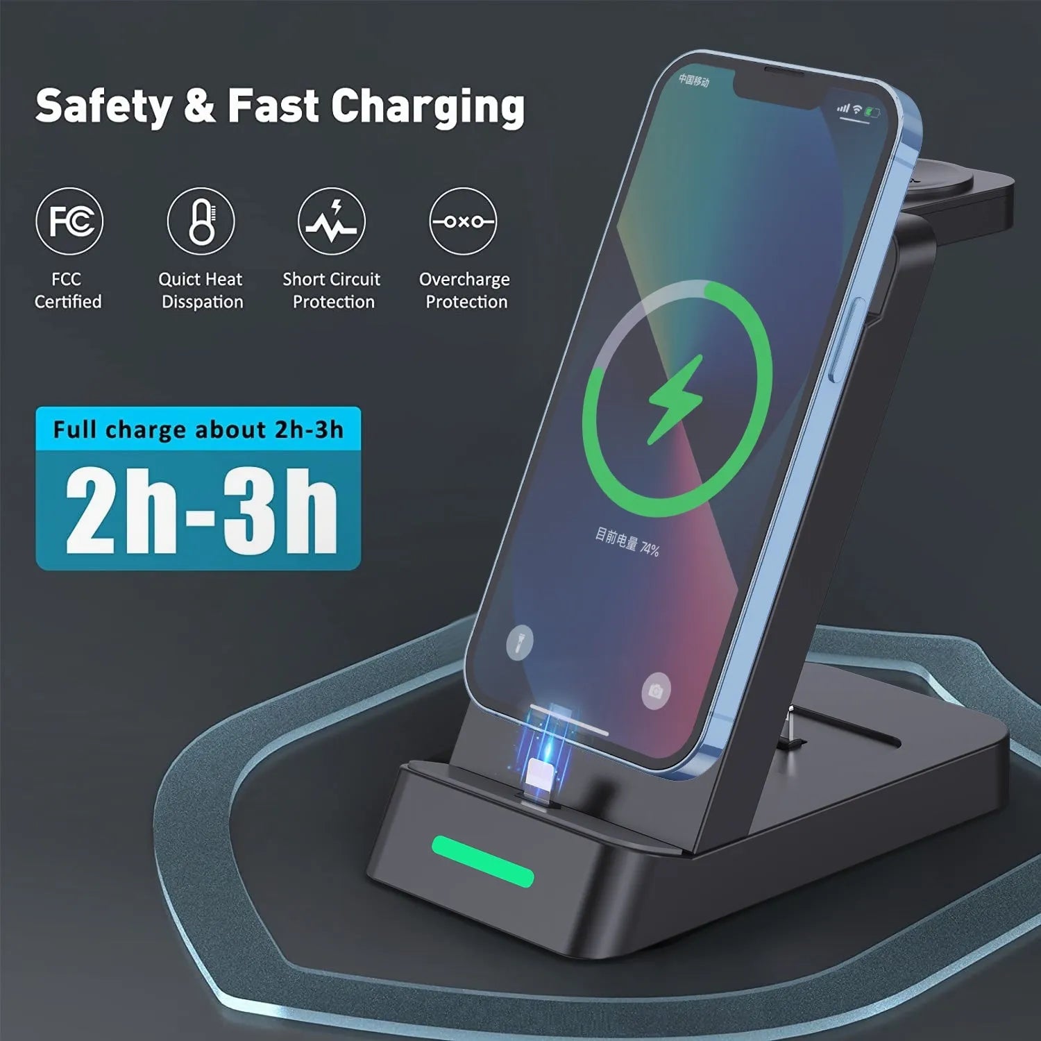 Black and white 3-in-1 wireless charging station for phone, Apple Watch and AirPods on a desk