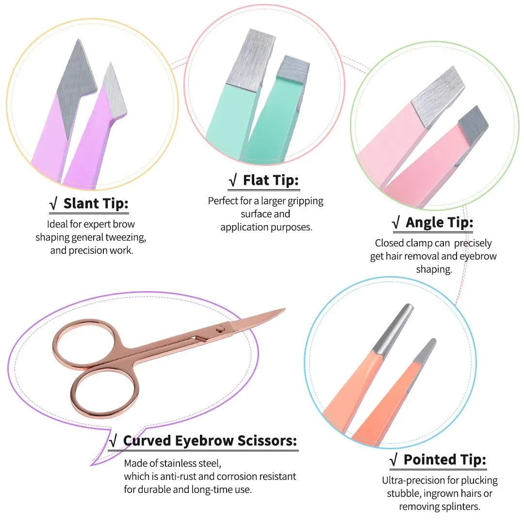 Professional stainless steel eyebrow tweezers set with curved scissors, brush, and leather case.