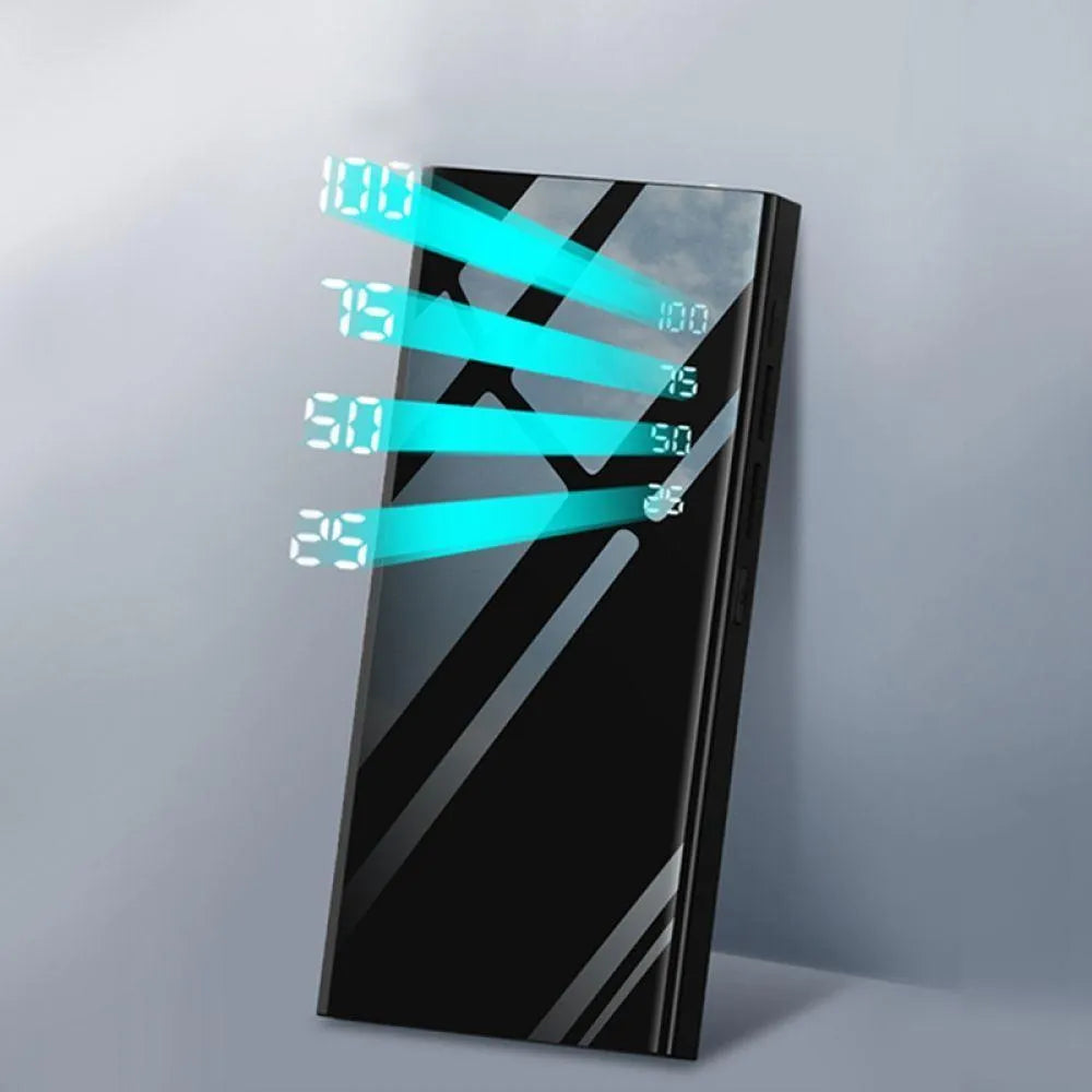20000mAh power bank with LCD display and dual USB ports in black, red, or white
