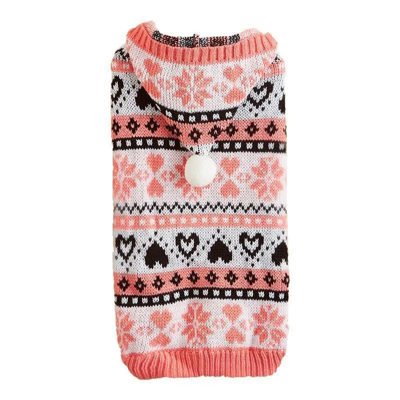 Pink, blue, and grey striped camouflage dog sweater with snowflake and love motifs for small breeds.