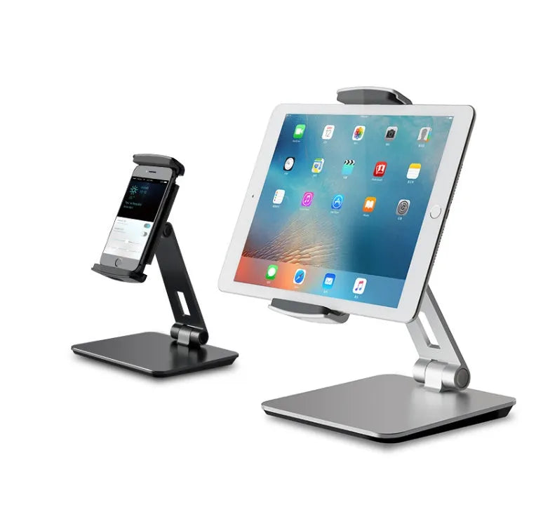 Folding desktop phone tablet stand in silver with 360-degree rotation feature