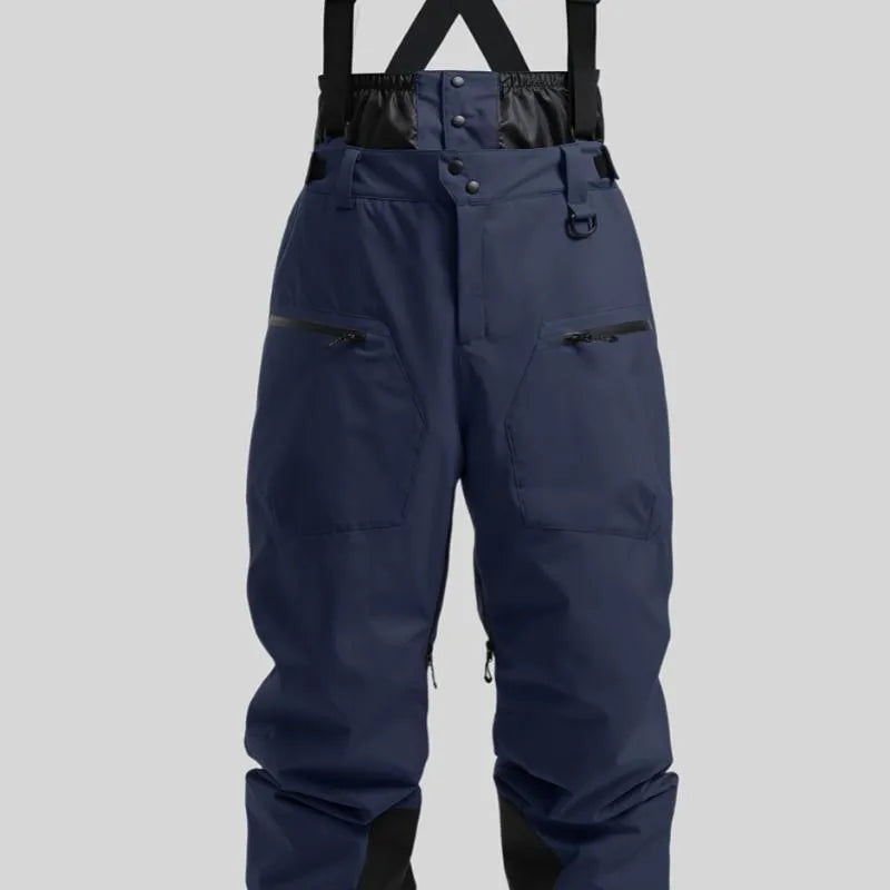 Men's black waterproof ski pants with an adjustable strap waistband and thickened linen fabric.